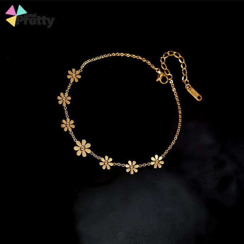 Gelang Kaki Titanium Anti Karat Daisy Bunga Kamelia Emas 18k Perhiasan Wanita Korea - PD