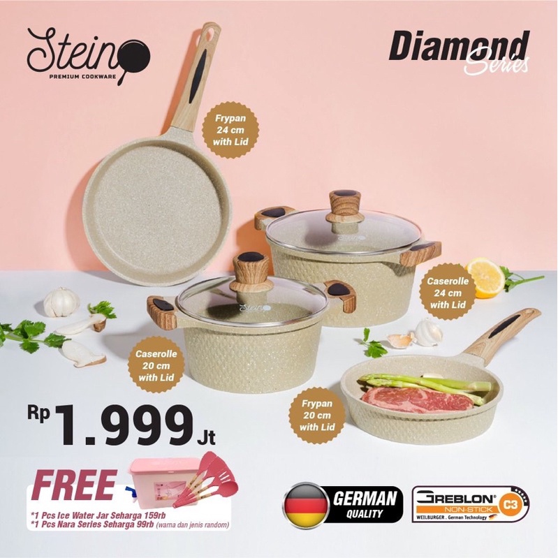 [FREE ICE JAR+SUTIL+SENDOK TAKAR+SPON SCOTCH] Paket Diamond Series Complete Set Stein Cookware | Pot