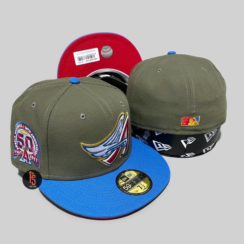 TOPI NEW ERA ORIGINAL 5950 50TH ANAHEIM ANGELS OLIVE SKYBLUE UV RED