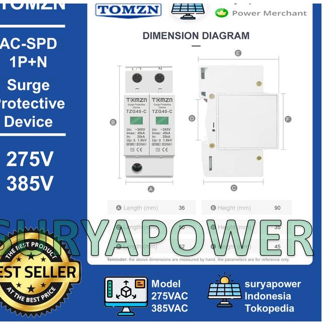 SPD AC - 1P+N - 275V 385V - SURGE PROTECTIVE DEVICE AC - TOMZN - TZG40 - 275V-10KA-KUNIN