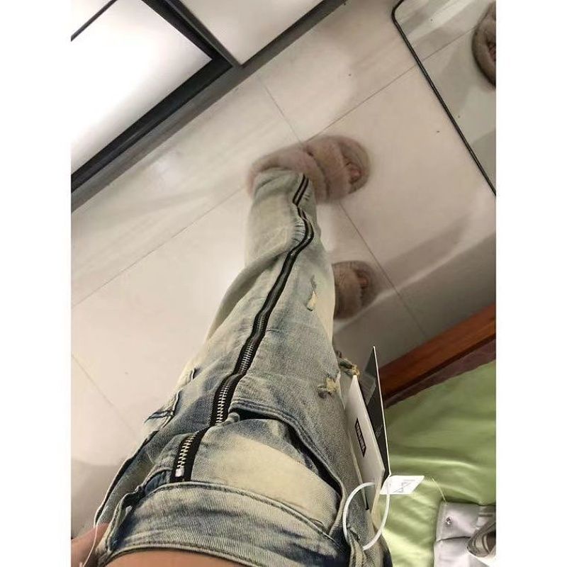 Suhao zipper ripped jeans wanita musim gugur dan musim dingin berwarna terang Amerika gaya retro getaran celana pipa lurus desain rasa ceruk