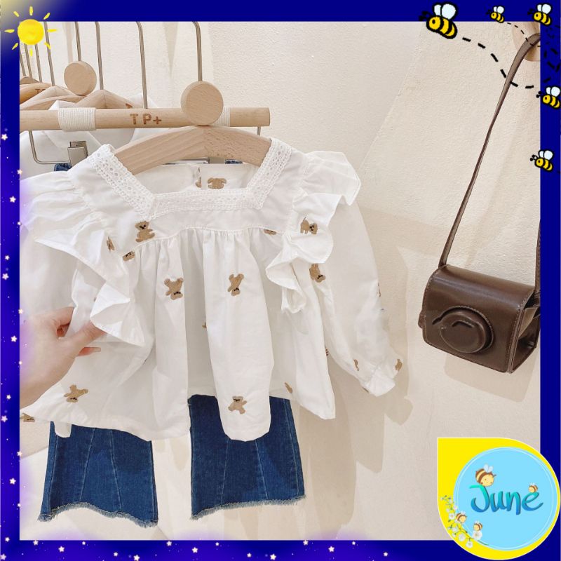 JUNE_COLLECTIONS SETELAN ANAK PEREMPUAN BLOUSE BORDIR SMALL BEAR BERUANG CELANA PANJANG JEANS CUT BRAY #658