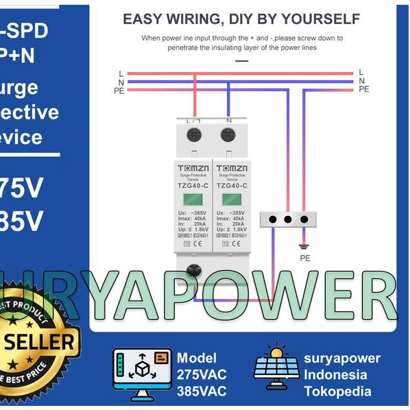 SPD AC - 1P+N - 275V 385V - SURGE PROTECTIVE DEVICE AC - TOMZN - TZG40 - 275V-10KA-KUNIN