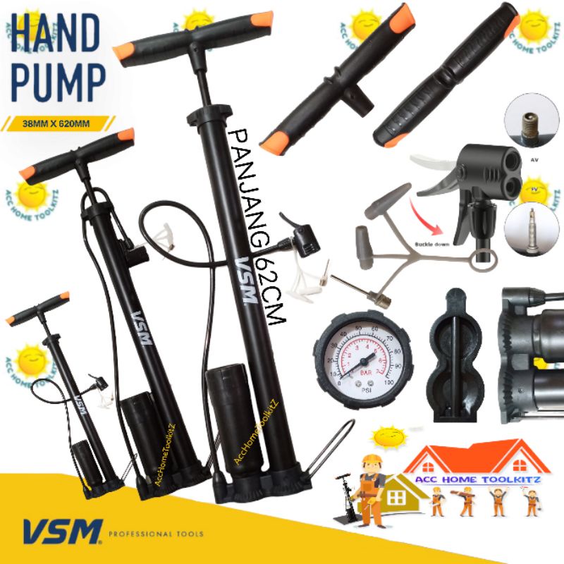 Pompa Angin Sepeda Motor Mobil Tabung Meter Black Crome / Pump Hitam Solid / Bola Balon - VSM dijamin ASLI ORI