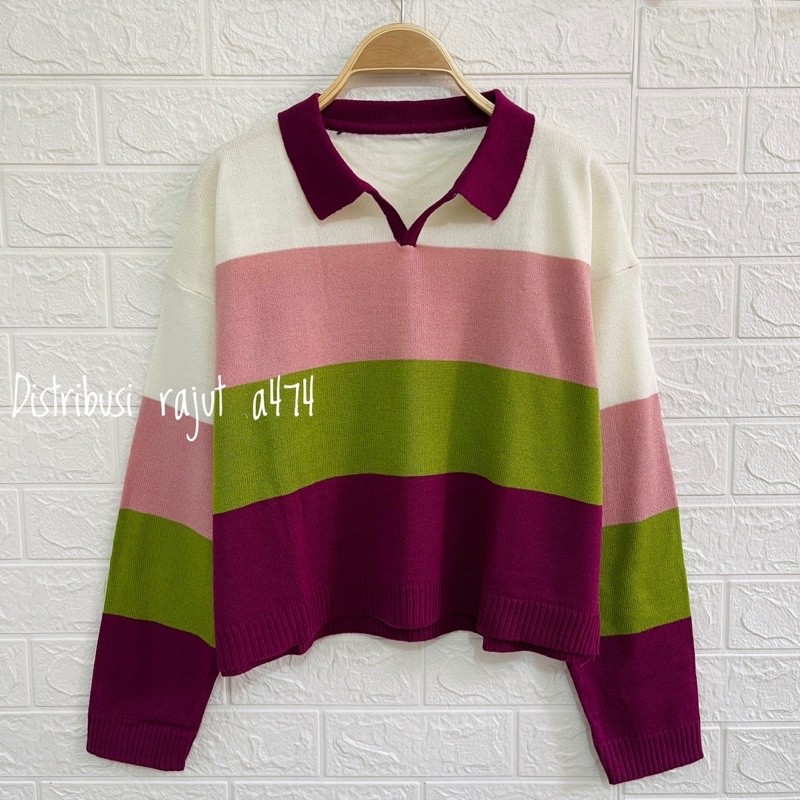 NASTY SWEATER RAJUT POLO STIPY PELANGI ATASAN LENGAN PANJANG WANITA