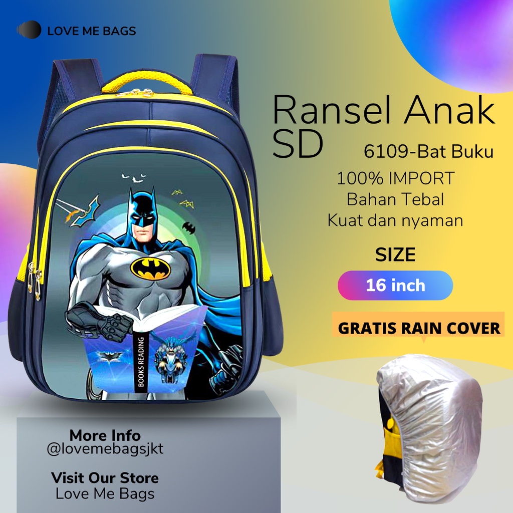 LMB Tas Anak Laki SD Import Karakter Superhero Bagian Gambar Depan Timbul 6D Bahan Nilon Kualitas Premium Tebal