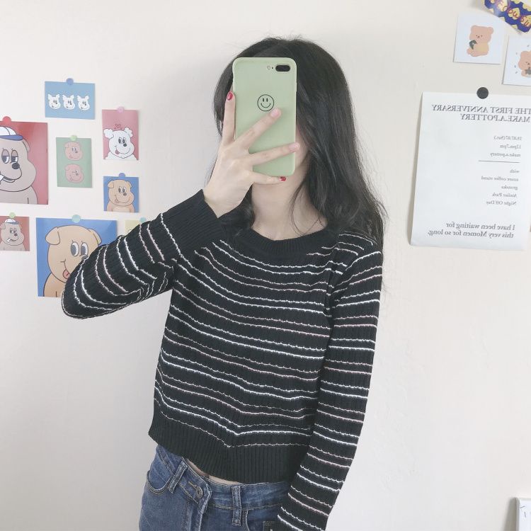 Baju Atasan Wanita Kekinian Rajut Crewneck Stripe Lengan Panjang Top