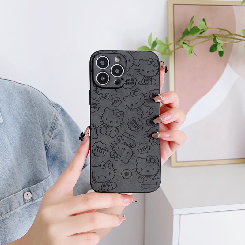 Cute HelloKitty Skin Feeling Full Screen Leather Hard Phone Case Untuk Iphone 7 8 14 Plus 7+ 8+ 14+ IP X Xr Xs Max Casing iPhone 11 12 13 14 Pro Max Sarung Handphone Shin Case