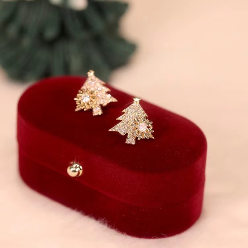 Anting stud Desain Pohon Natal snowflake Aksen Berlian Zirkon Untuk Wanita