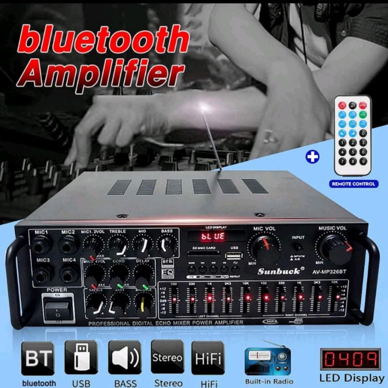 Ampli Karaoke Equalizer Bluetooth Stereo Amplifier Treble Bass Booster 2000 watt - Black