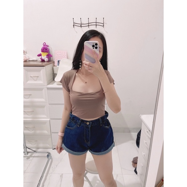 Croptop square lengan pendek | Croptop kimmi leher square lengan pendek | atasan crop square korean style | korean fashion import | aquarius boutique89