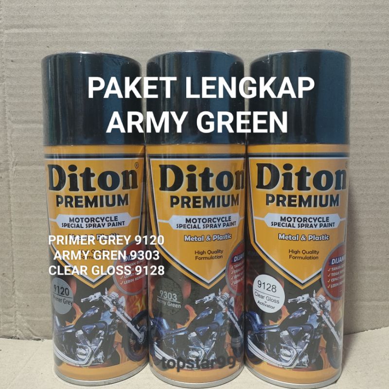 Pilok Cat Diton Premium Paket Lengkap 3 Kaleng Army Green 9303 Primer Grey Epoxy 9120 Clear Glossy 9128 400cc Pilox Paketan Cat Semprot Special Spray Paint