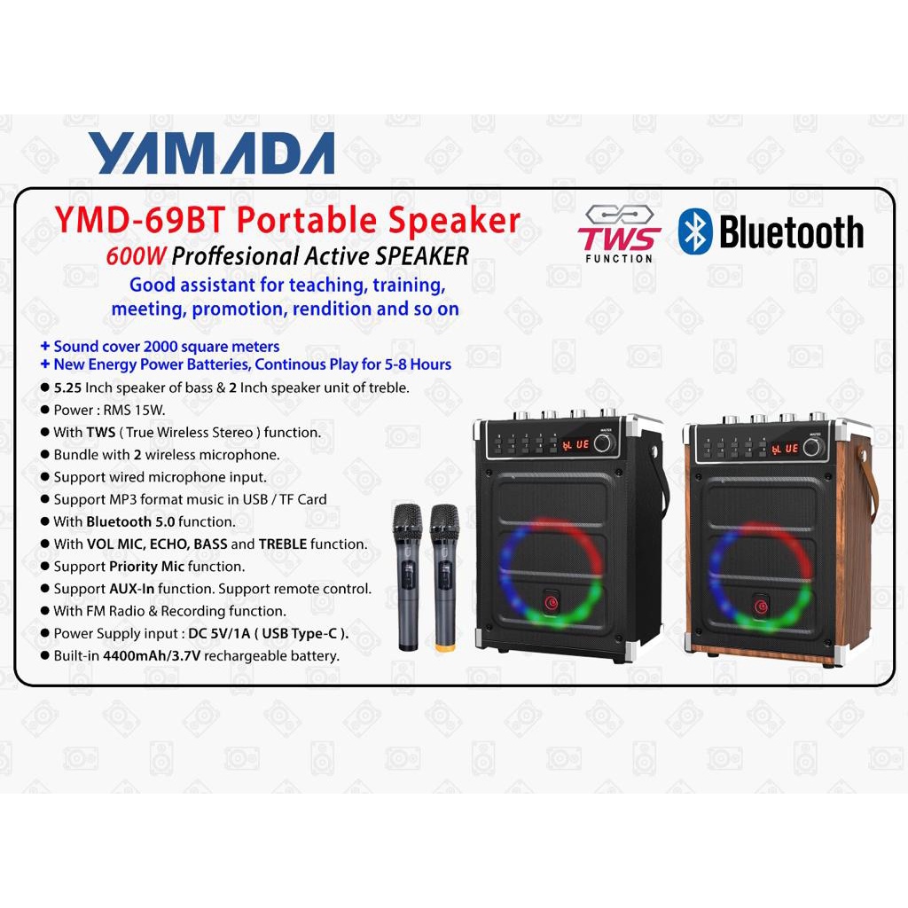 Speaker Portable Aktif Yamada YMD-69BT + 2Mic Wireless TWS System