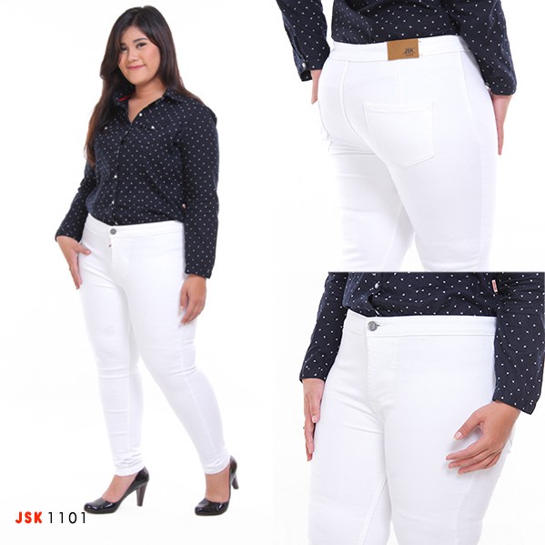 Celana Panjang Putih Highwaist Jeans Wanita Jumbo Big Size Polos