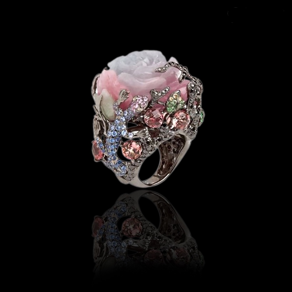 Cincin Motif Bunga Peony Lizard Aksen Berlian Imitasi Untuk Wanita