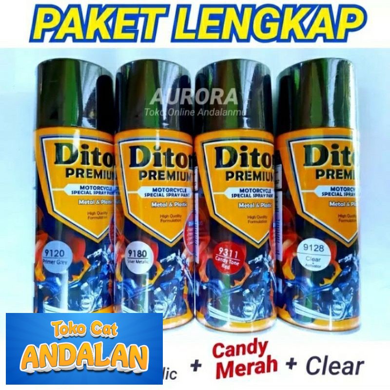 

Toko Cat Andalan - PAKET Diton Premium Candy Tone Red 9311 Merah Primer Grey 9120 Silver Metallic 9180 Clear 9128 Toko Cat Andalan Motor dan Mobil