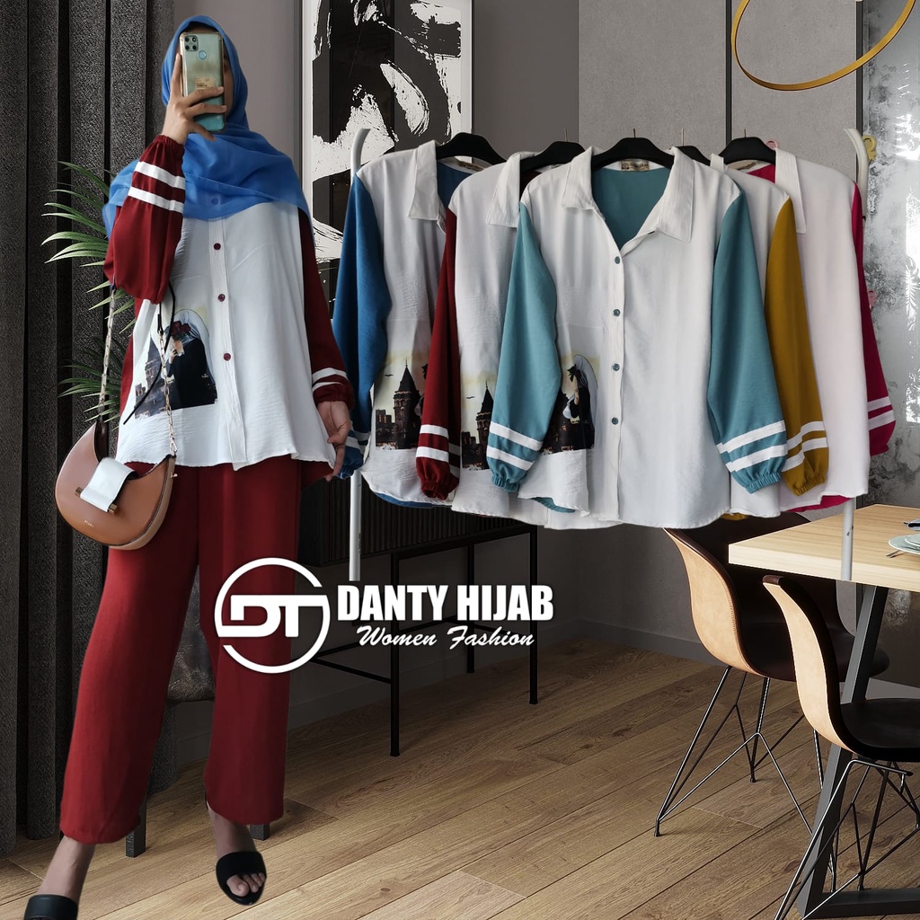 Setelan Celana Crinkle Airflow / Setcel Kemeja Combi Crinkle Sablon / baju setelan wanita terbaru
