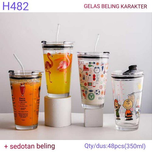 LT- H482 Tumbler botol Kaca Motif Animal + Sedotan Beling / Gelas beling