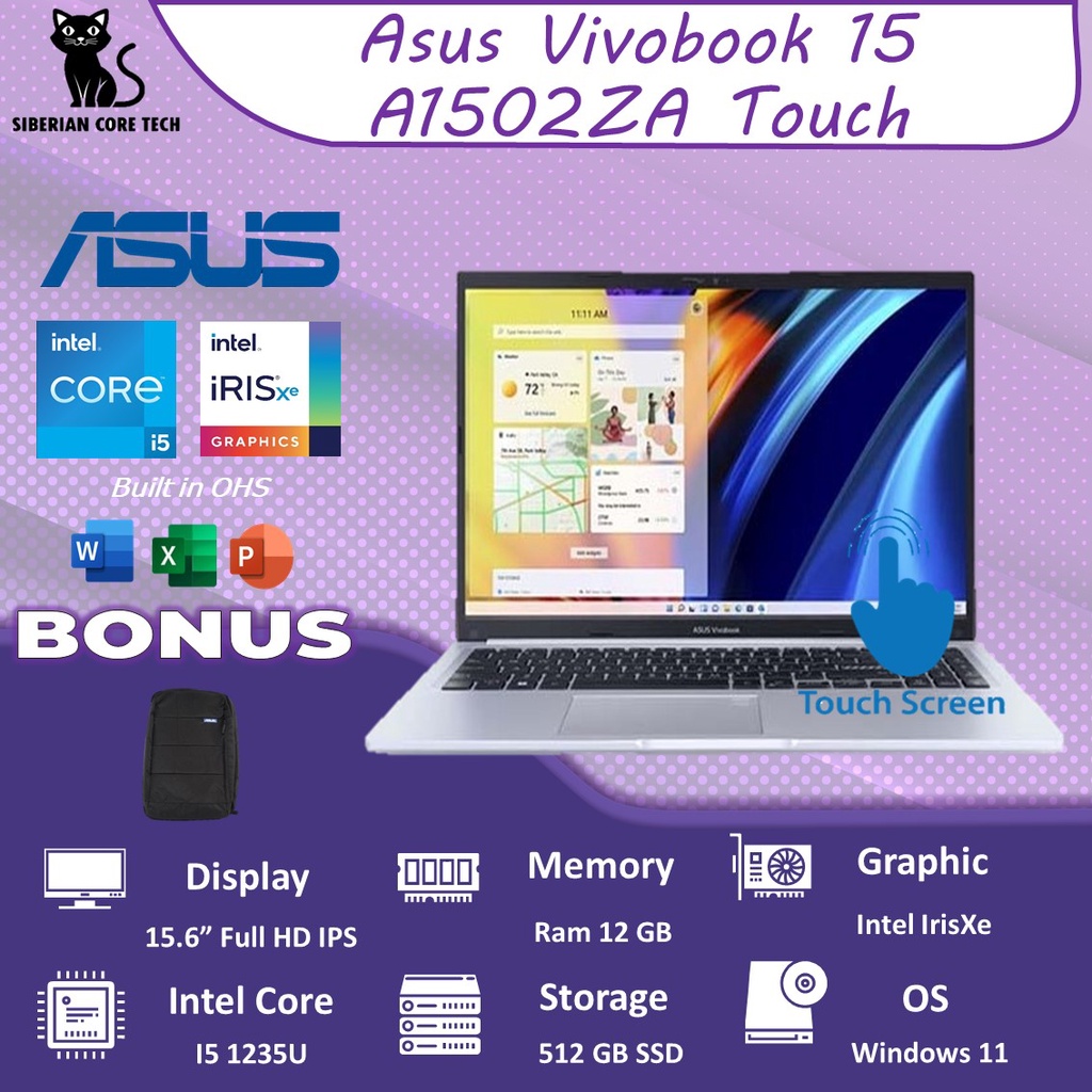 ASUS VIVOBOOK 15 TOUCH A1502ZA VIPS553 I5 1235U 8GB 512SSD IRISXE W11+OHS 15.6FHD VIPS BLU