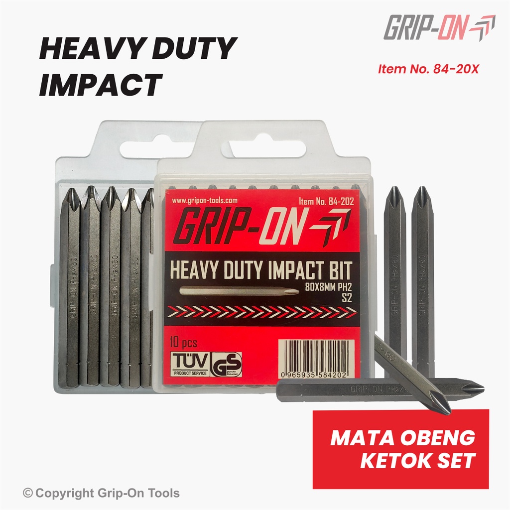 Grip-On Heavy Duty Impact Mata Obeng Ketok Plus (+) Set 80X8 MM (PH2 / PH3)