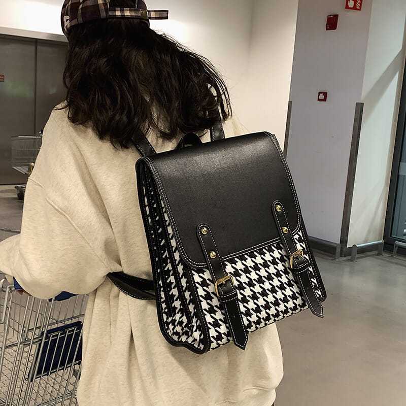 ℡✻Tas Houndstooth Tas Travel Tas Sekolah High-End Tas Sekolah Siswa Sekolah Menengah Ins Siswa Sekolah Menengah Pertama Ransel Kampus Versi Korea