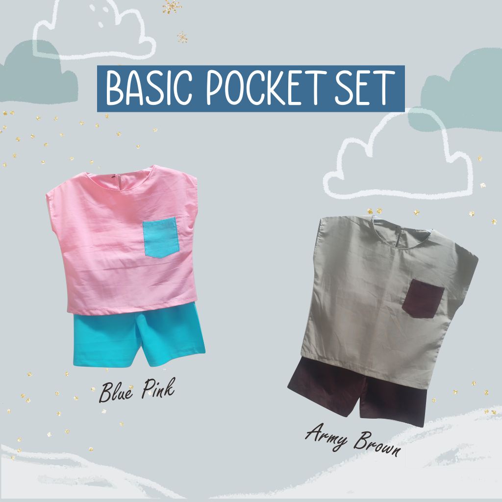 Playset / setelan baju polos atasan dan bawahan anak unisex model pocket bahan katun nyaman dan adem