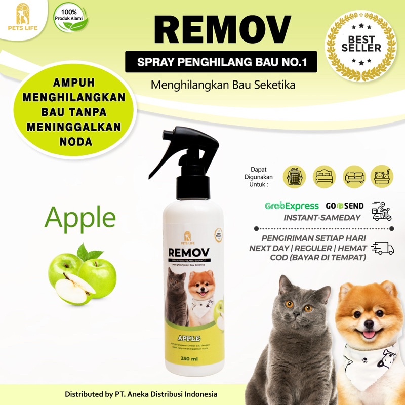 Remov the best no 1 spray anti bacterial penghilang bau pesing dan kotoran kandang kucing anjing 250ml