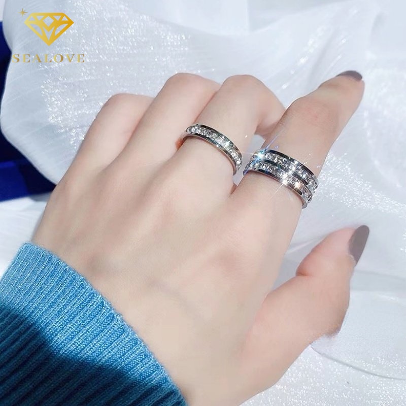 Cincin titanium perak bertatahkan berlian aksesori perhiasan Korea cicin wanita