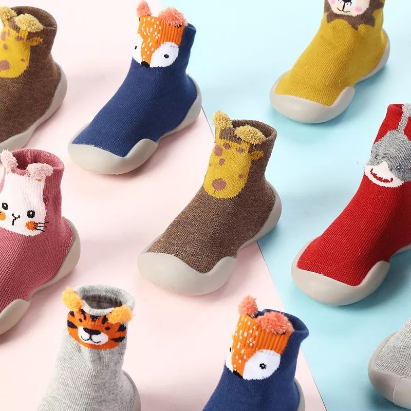 2in1 Sepatu Anak Bayi Karet Kaos Kaki Panjang Karakter Animal Lucu