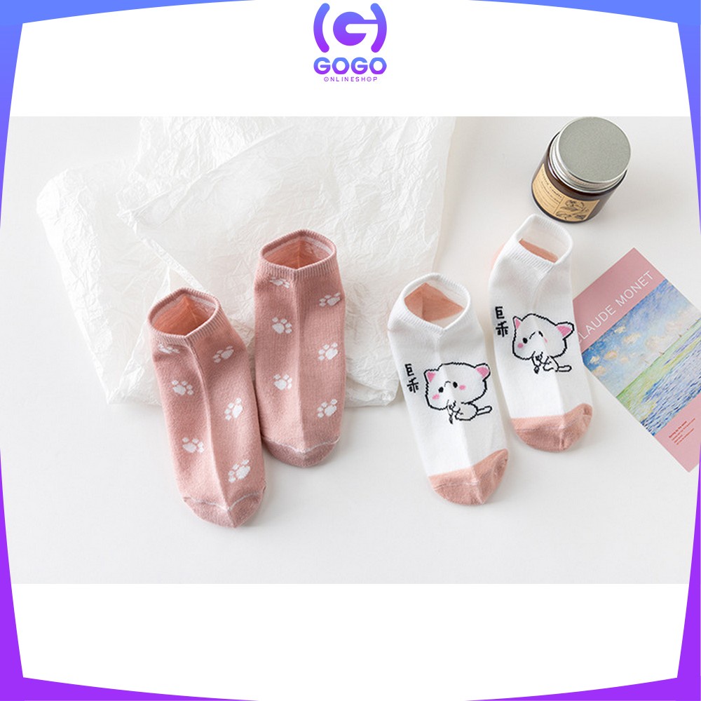 GOGO-P250 Kaos Kaki Wanita Motif Kartun Kucing Lucu Pink Cat Fashion Korea Kaus Kaki Pendek Wanita Ankle Socks