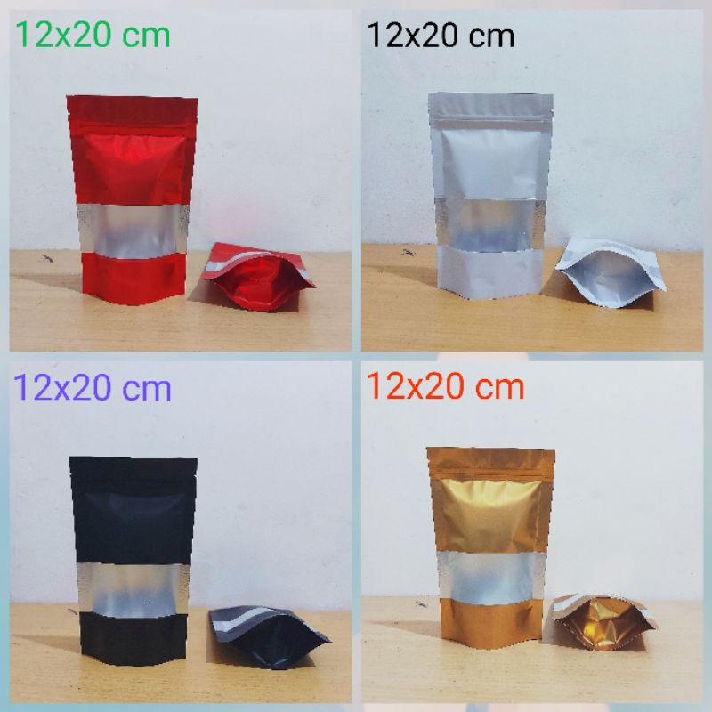Kemasan standing pouch window plastik klip warna warni  murah ukuran 12x20 cm (ch)