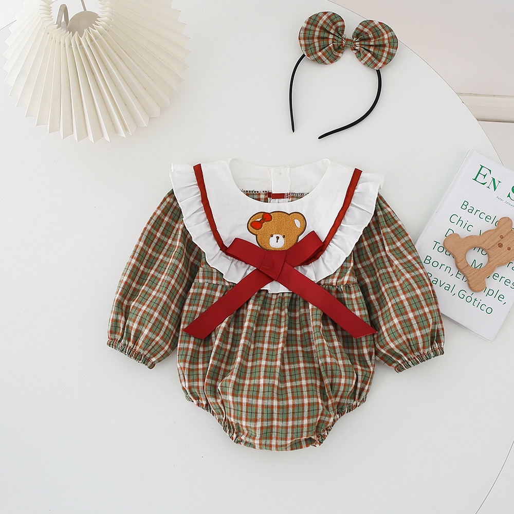 Romper Bayi Perempuan Free Bando Impor / Dress Anak Cewek Motif Kotak Kotak Teddy Bear / Baby Jumper Import