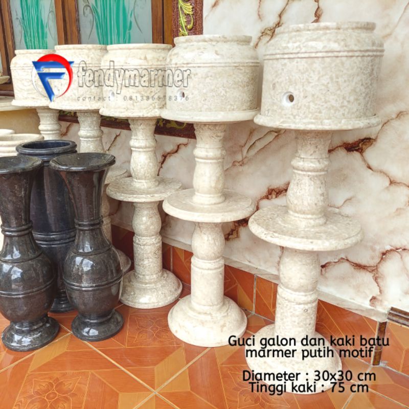 Set guci tempat galon dan kaki batu marmer putih krem