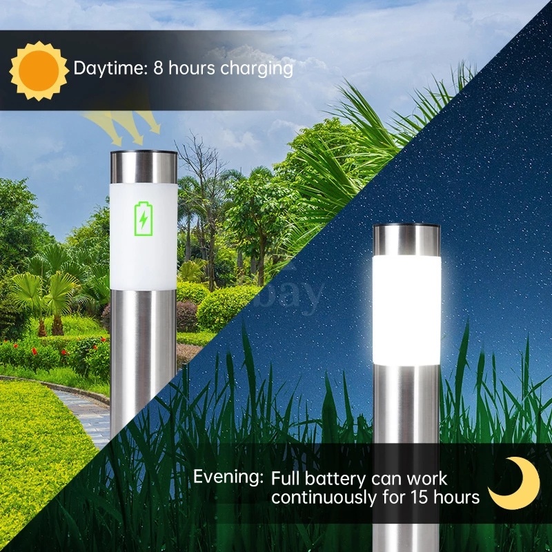 Lampu Taman Tenaga Surya Bentuk Silinder Bahan Stainless Steel Anti Air Untuk Dekorasi Outdoor