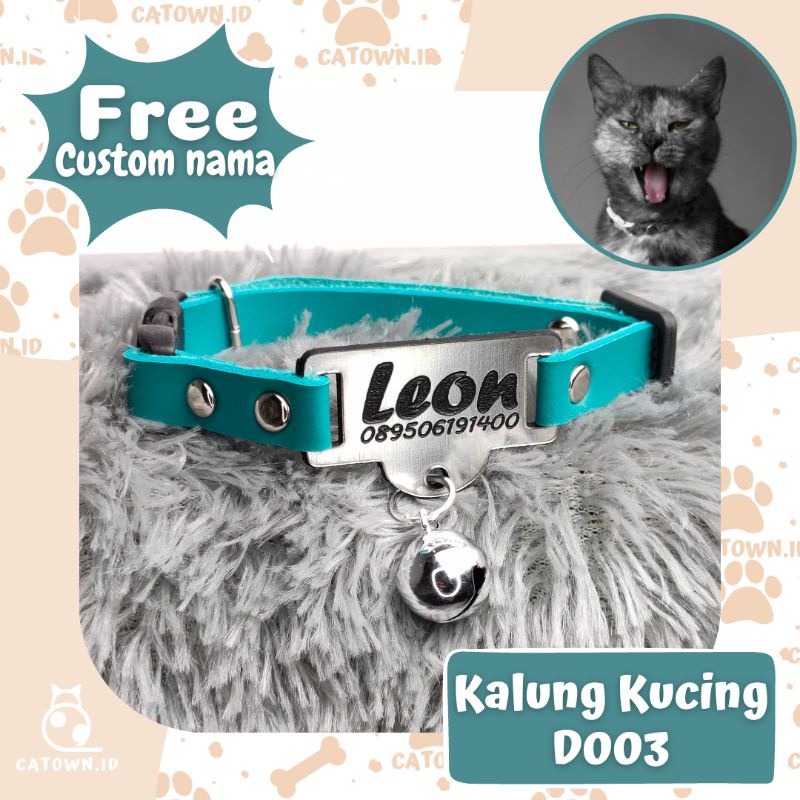 D003-Kalung Kucing Custom Nama Tulisan Gratis Cetak Ukir Tulis Nama Aksesoris Kucing Free Custom Lucu Tulis Identitas Pemilik Alamat Nomor HP Anti Hilang Bahan PU Leather Kulit Cat Collar catown.id