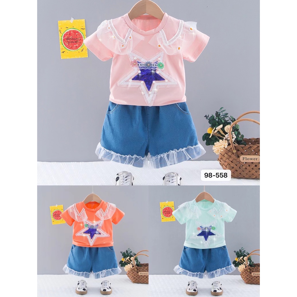 （SET03）Setelan Anak Perempuan Celana Jeans Pendek+Kaos Lucu Bahan Cottom Import uisa 9bulan-4tahun