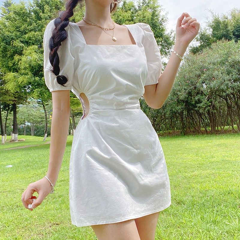Red Rapcopter French pastoral style pure desire dress female puff sleeves white and thin hollow out waist A-line skirt
