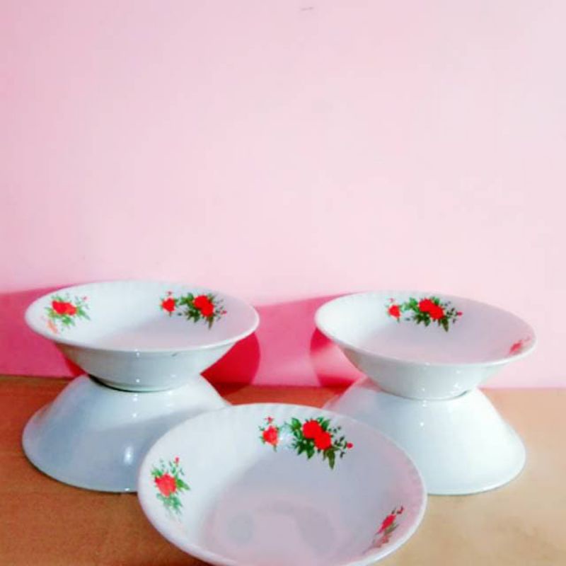 mangko keramik motif kembang isi 6 pcs Lucky putih