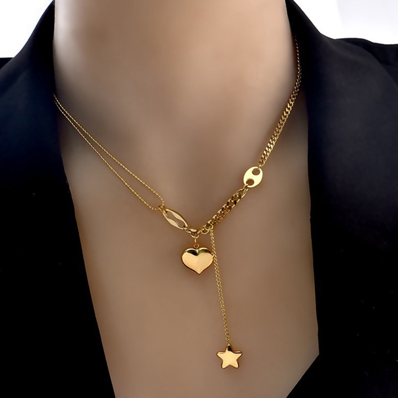 Fancyqube Kalung Rantai Panjang Liontin Hati Dan Bintang Untuk Wanita
