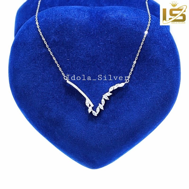 KALUNG PERAK ASLI 925 SILVER LAPIS EMAS PUTIH MODEL PERMATA KRISTAL KAKU + PERMATA 1 BARIS - PERHIASAN PERAK WANITA