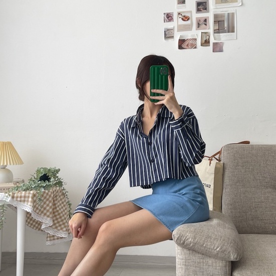 Kadaka T-0481 Crop Kemeja Wanita Stripes Tangan Panjang