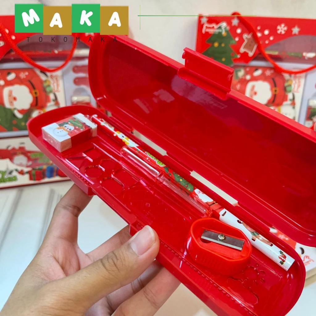 

paket alat tulis natal bertali paket hadiah natal chrismast present perlengkapan alat tulis sekolah paket alat tulis pensil buku kotak pensil serutan natal santa klaus