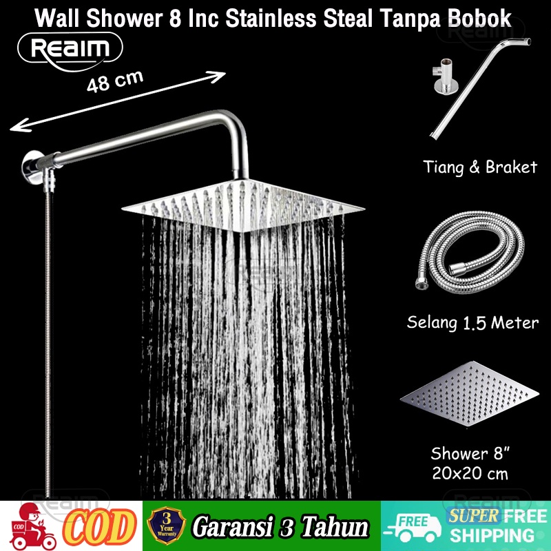 Jual 1 Set Wall Shower 8 inc Tanpa Bobok Include Selang 150cm 1/2 Inch Wall Flange Shower Wall