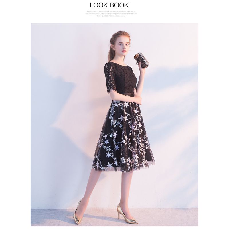 Dress wanita hitam brukat tile model bawahan motif bintang  Korea lengan pendek elegant
