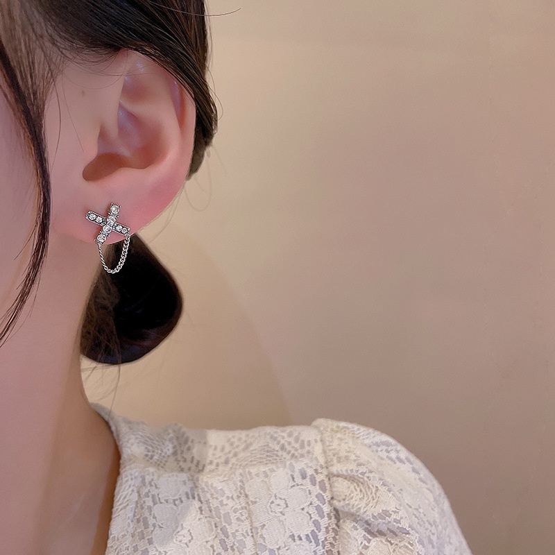Anting Tusuk Gantung Bahan Sterling Silver 925 Bentuk X Hias Zircon Gaya Simplekeren Untuk Wanita