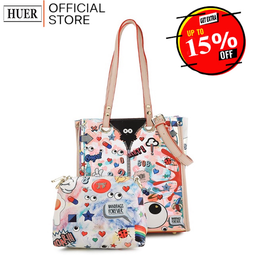 HUER ~ Elloya Eye theme Printed Hologram Tote Bag 9454-265Cream