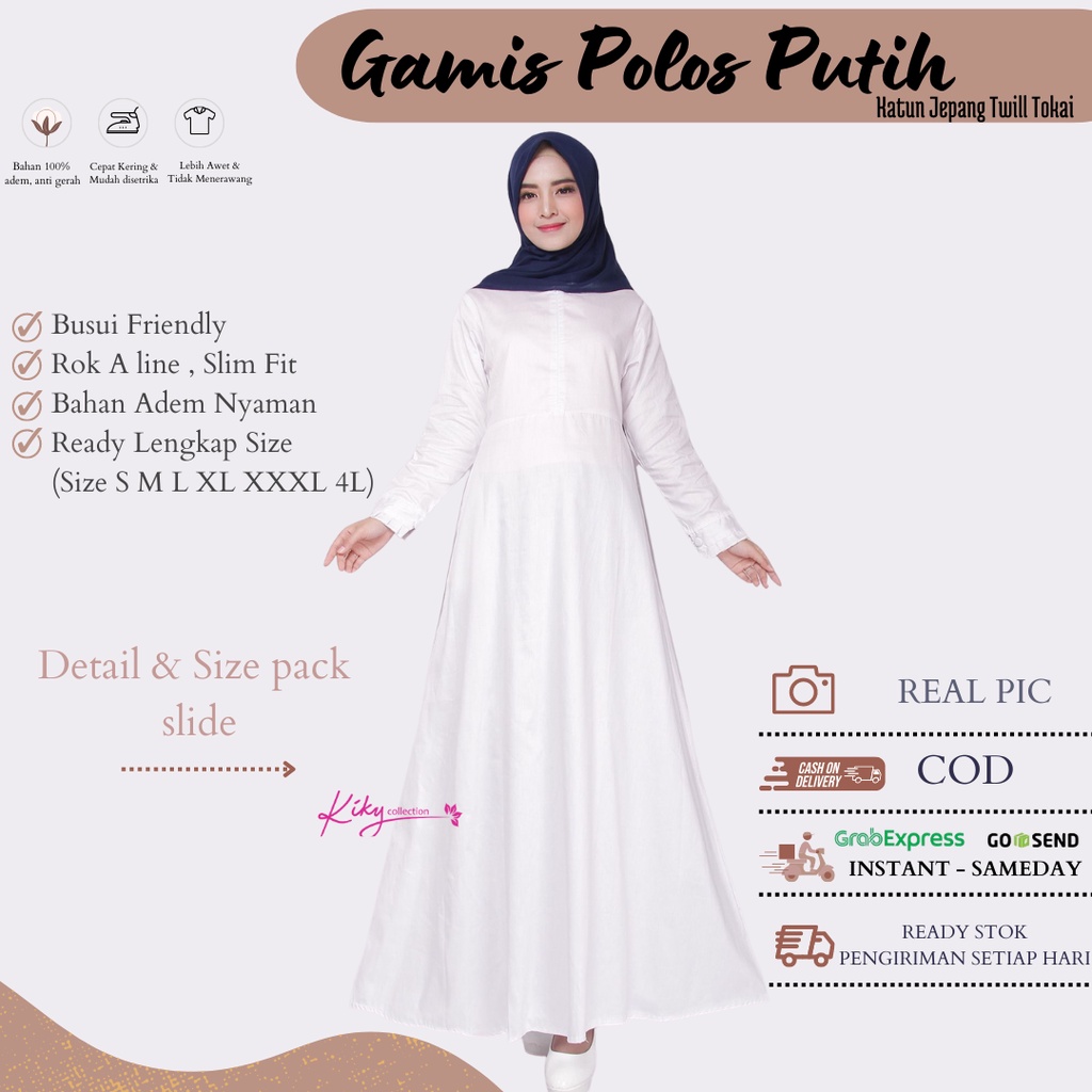 Baju Gamis Dress Basic Putih Polos Muslim Wanita Dewasa Remaja Fashion Syari Pakaian Syar i Perempua