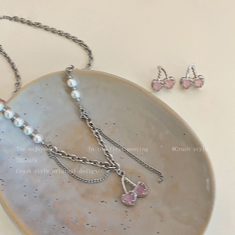 YEEZII Kalung Rantai Choker Liontin Cherry Pink Aksen Mutiara Untuk Wanita