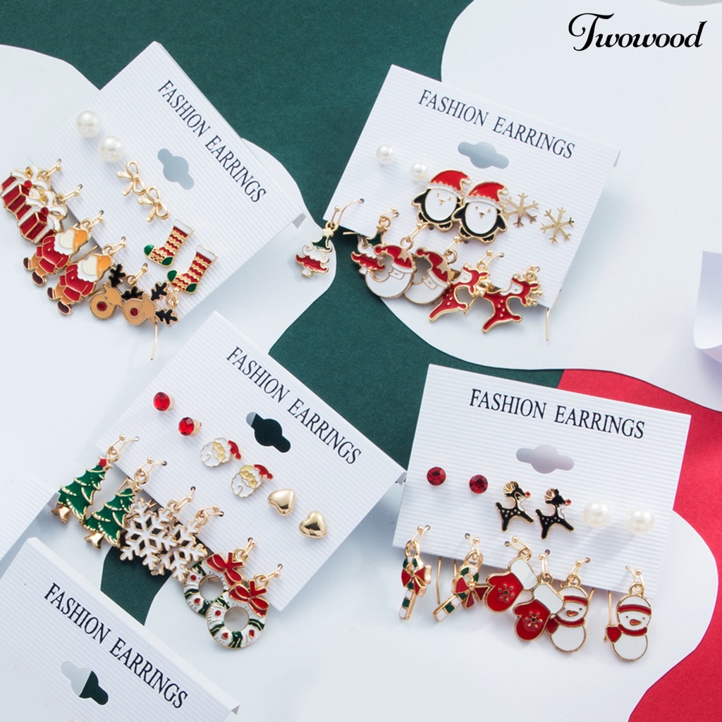 6 Pasang / Set Anting Stud Desain Geometrik Pohon Natal Rusa Snowman Santa Claus Bahan Enamel Untuk Hadiah