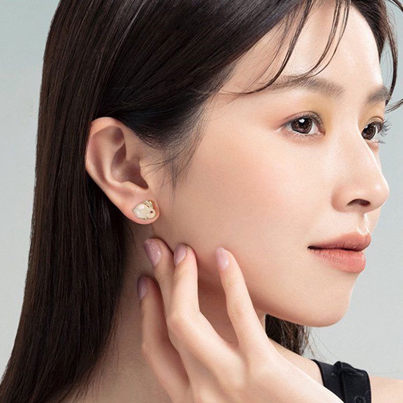 Fancyqube Anting 925 Silver Needle Bentuk Kelinci Aksen Berlian Giok Gaya Korea Untuk Aksesoris Wanita